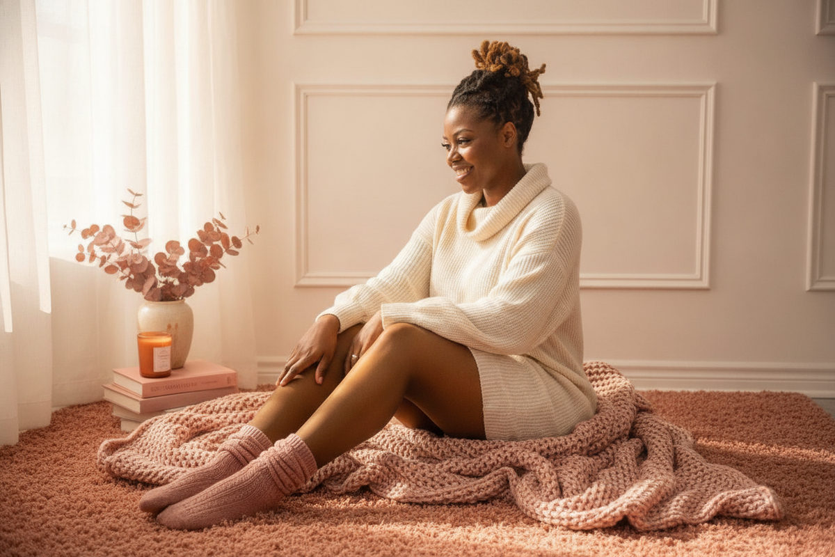 A woman wearing sheer, fleece-lined winter tights sits comfortably in a cozy, modern setting with rose and terracotta accents